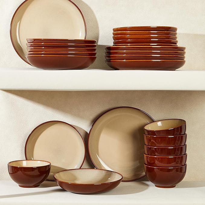 Dinnerware Sets with Double Bowls Service for 8, Brown Yellow