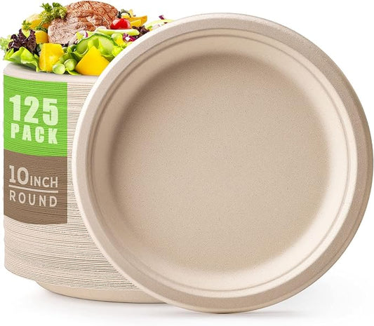 Gezond 100% Compostable Plates, Paper Plates 10 Inch 125 Pack Disposable Heavy-duty Plate Biodegradable Sugarcane Bagasse Plate for Party Picnic (Natural)
