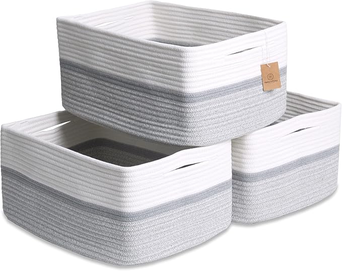 NaturalCozy Storage Baskets 16.8?쓝13?쓝7.6??Cotton Rope Woven Baskets for Organizing 3-Pack | Toy Storage Bins | Basket for Shelves, Laundry, Blanket, Clothes, Closet, Kitchen, Bathroom, Gifts