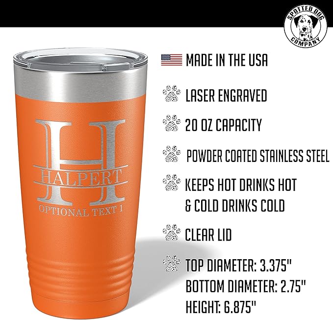 Personalized 20oz (17 Colors) Powder Coated Insulated Stainless Steel Tumbler with Lid, Custom Etched, Customized Engraved Gift Idea for Women Men Her Him, Halpert Monogram Initial Name (Orange)