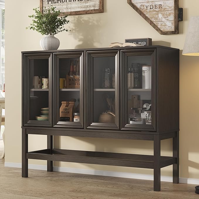 Sideboard Buffet Cabinet with Storage, Large Kitchen Coffee Wine Bar Cabinet with Glass Press-to-Open Doors, Wood Mid Century Modern Side Board Table for Dining Room, Living Room