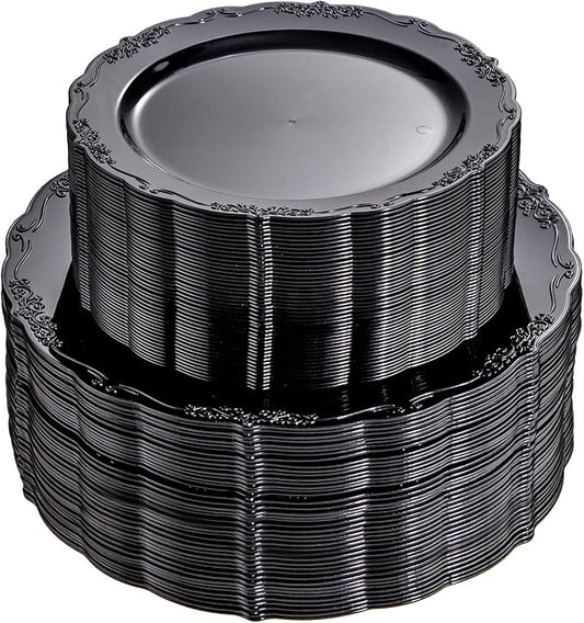 U-QE 100PCS Black Plastic Plates, Heavy Duty Black Plates Including 50PCS 10'' Dinner Plates & 50PCS 7.5'' Dessert Plate - Hard Plastic Plate for Party Wedding Bridal Shower