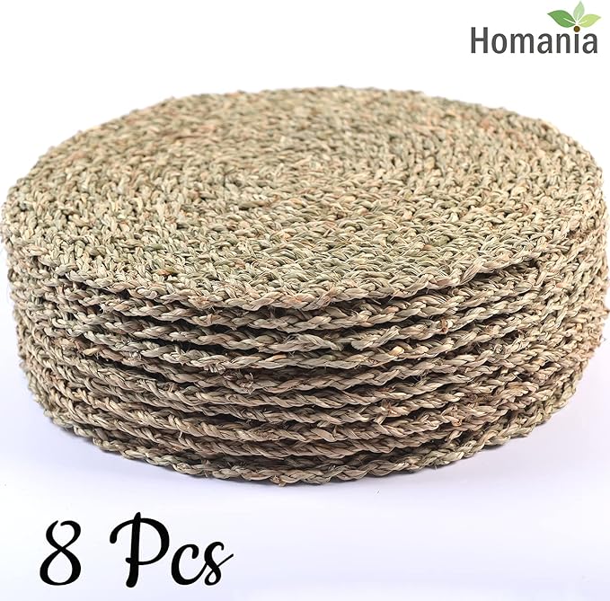 Table Mats Set of 8, Round Seagrass Placemats, Rattan Chargers for Dinner Plates, Place Mats, Charger Plates, Wicker Chargers for Dinner Plates, Manteles Individuales De Mesa, Diameter 11.8 in