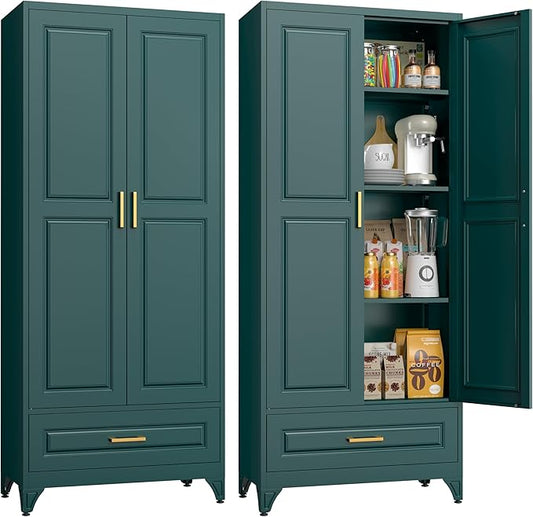75" Tall Metal Storage Cabinet, Kitchen Pantry Storage Cabinets with Doors and 3 Shelves, Food Pantry Cabinet with Drawer, Utility Kitchen Cupboard, Large Steel Cabinets for Dining, Green