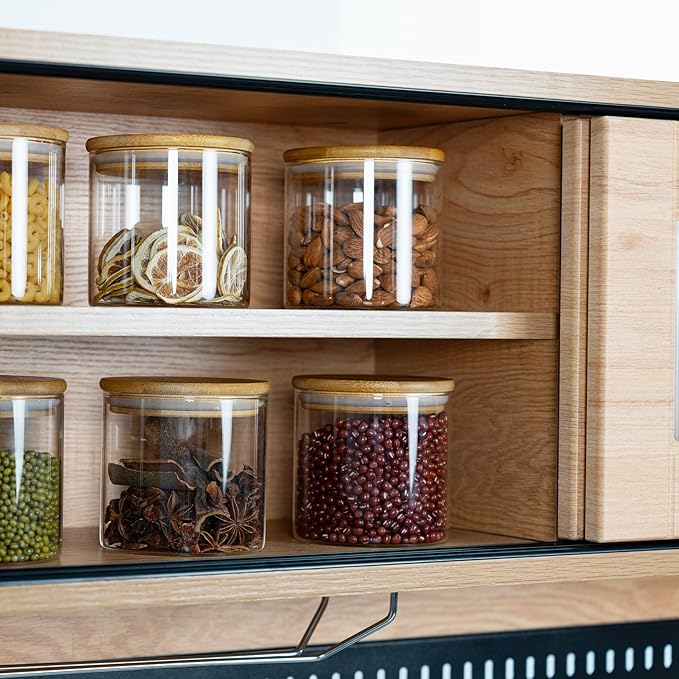 22oz Airtight Square Spice Containers with Bamboo Lid Set of 6 (650ml) Kitchen Pantry Organization Jar Stackable Spice Jar, for Sugar, Tea, Cookies and Coffee beans (?럚ith Black Lable)