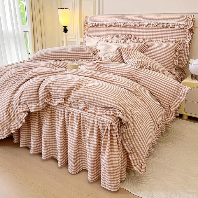 LifeTB Pink Gingham Comforter Set Full Ruffle Pink Plaid Comforter Set 3 Pieces Grid Checkered Pattern Comforter with 2 Pillowcases Fluffy Boho Farmhouse Gingham Bedding Comforter for All Seasons