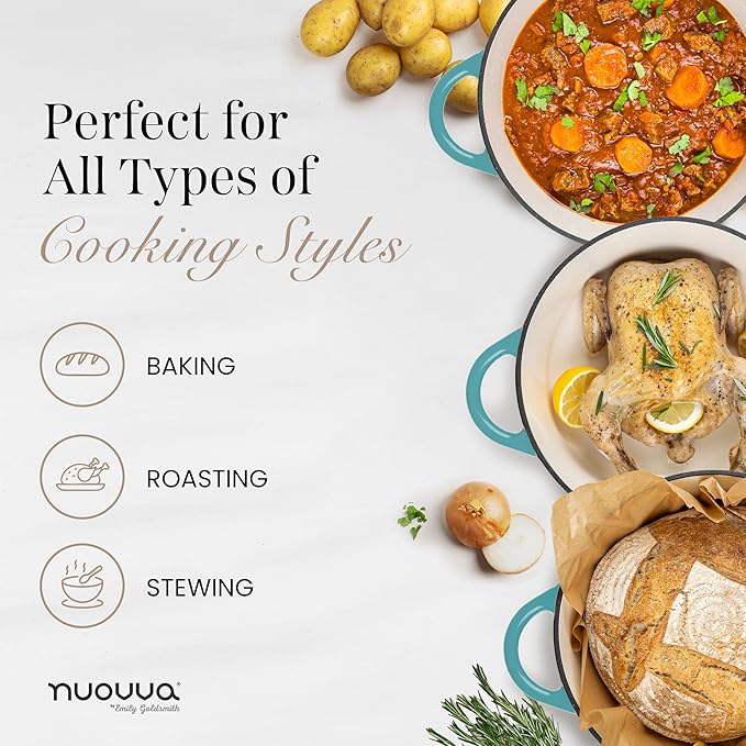 Nuovva Enamelled Cast Iron Dutch Oven Pot with Lid ??6.4 Quart Non Stick Casserole Pot ??Heavy Duty & Oven Safe up to 500째 F for Bread Baking, Braising, Stews, Roasting ??28cm Teal