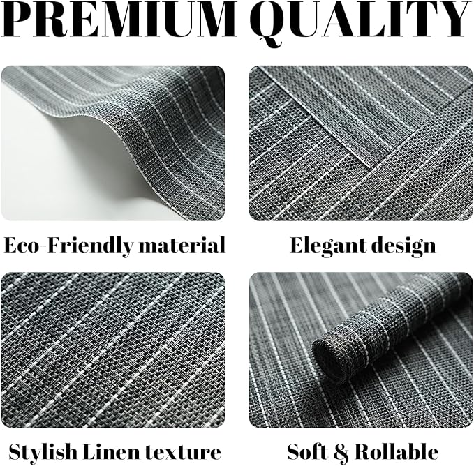 SUMYMERY Placemats Set of 12 Vinyl/Plastic Woven Place Mats for Kitchen Table Indoor/Outdoor Washable Placemat Wipeable Dining Table Mats (Black Stripes,12)