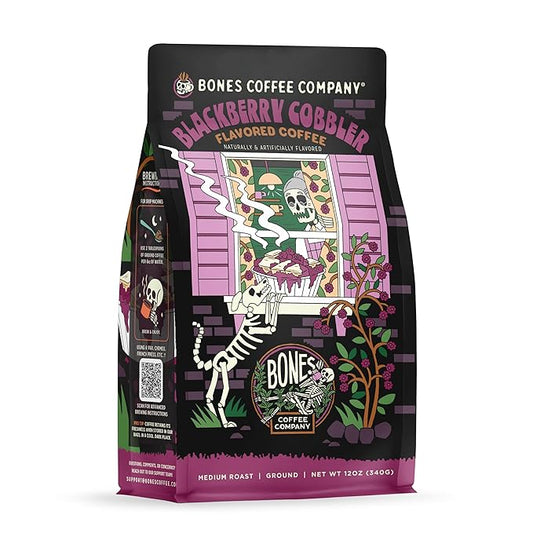 Bones Coffee Company Blackberry Cobbler Flavored Coffee Beans, Medium Roast Ground Coffee Low Acid, Blackberry Cobbler Flavor (12 oz)