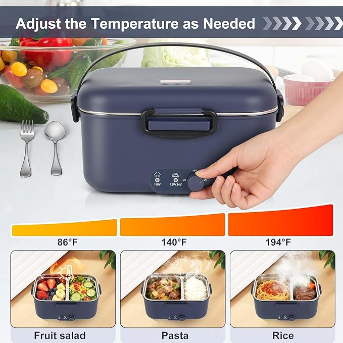 Electric Lunch Box Food Warmer 1.8L - 100W Mechanical Temperature Control Heated Lunch Box for Adults, 12V/24V/110V Fast Heating Lunchbox Food Heater for Work/Car/Truck, Fiambrera el챕ctrica port찼til