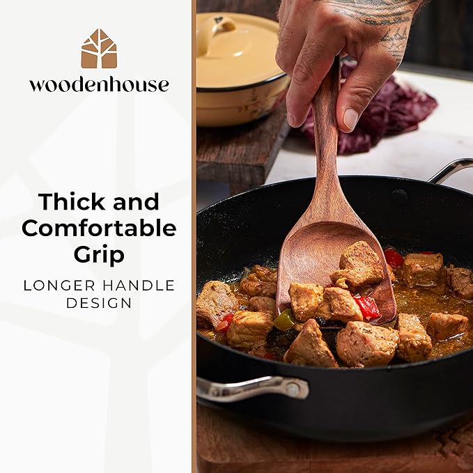 Wooden Utensil Set 8 Pcs ??Sturdy & Easy to Clean, Natural Teak Wooden Spoons for Cooking ??Non-Scratch Cooking Utensils with Spatula, Turner, Ladle, Spoons, Skimmer, Holder, Spoon Rest & 6 Hooks