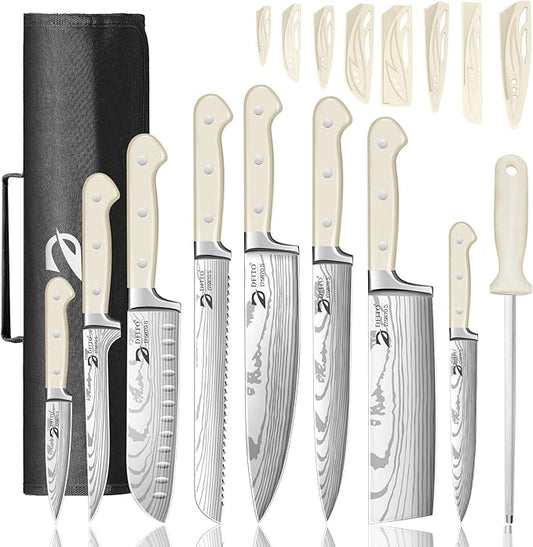 Dfito Chef Knife Set with Roll Bag, 9 Piece Professional Stainless Steel Japanese Kitchen Knife Set with Ergonomic Handle for Professional Chef, Dishwasher Safe, Camping, Travel, BBQ, RV or Gift Beige