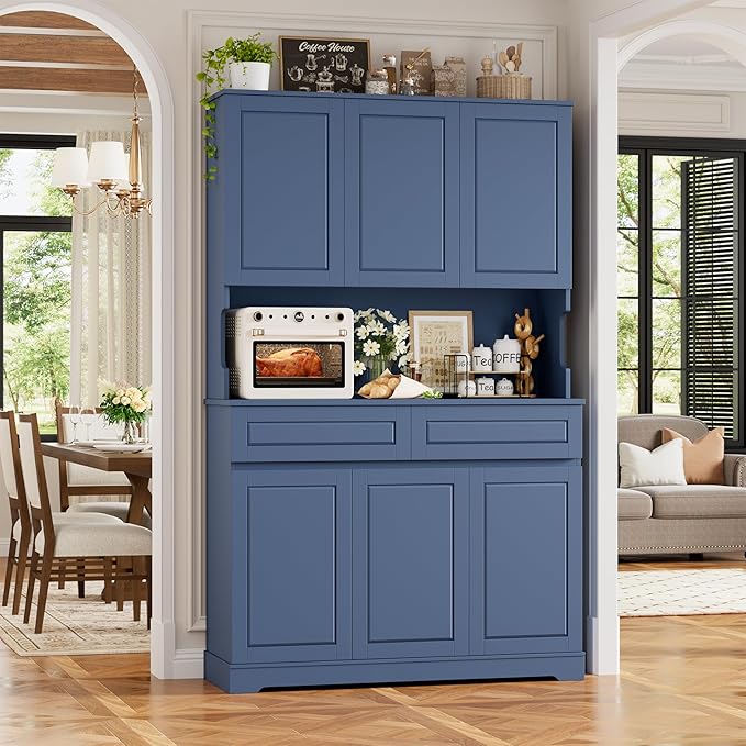 FACBOTALL 74" Pantry Cabinet, Tall Kitchen Pantry Cabinet with 6 Doors and 2 Drawers, Kitchen Hutch with Wide Countertop, Modern Kitchens Cupboard with Adjustable Shelves and Charge Holes, Blue