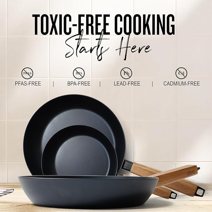 Alva Forest 4-Piece Carbon Steel Frying Pan Set ??Naturally Nonstick, Pre-Seasoned, with Acacia Wood Handle, Made Without PTFE, PFOA, PFAS ??Sustainable Belgian Design, Induction & All-Stovetop Safe