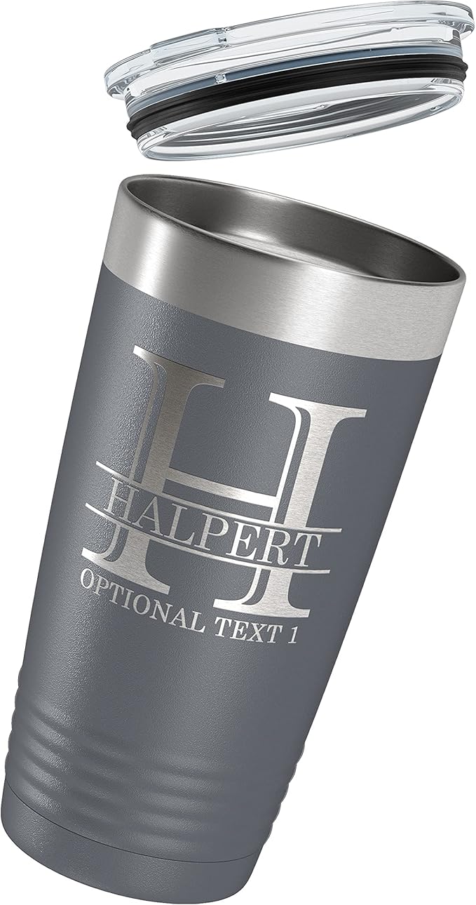 Personalized 20oz (17 Colors) Powder Coated Insulated Stainless Steel Tumbler with Lid, Custom Etched, Customized Engraved Gift Idea for Women Men Her Him, Halpert Monogram Initial Name (Gray)
