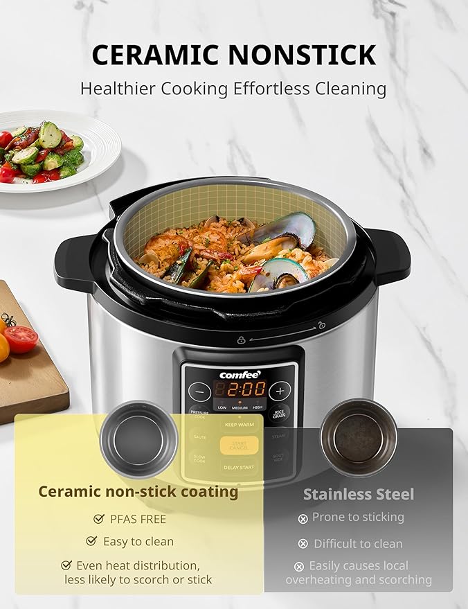 COMFEE??7-in-1 Small Electric Pressure Cooker, Slow Cooker, Steamer, Saut챕, Sous Vide, Warmer, Multi Cooker with Natural Ceramic Coated Non-Stick Pot, 3 Quarts