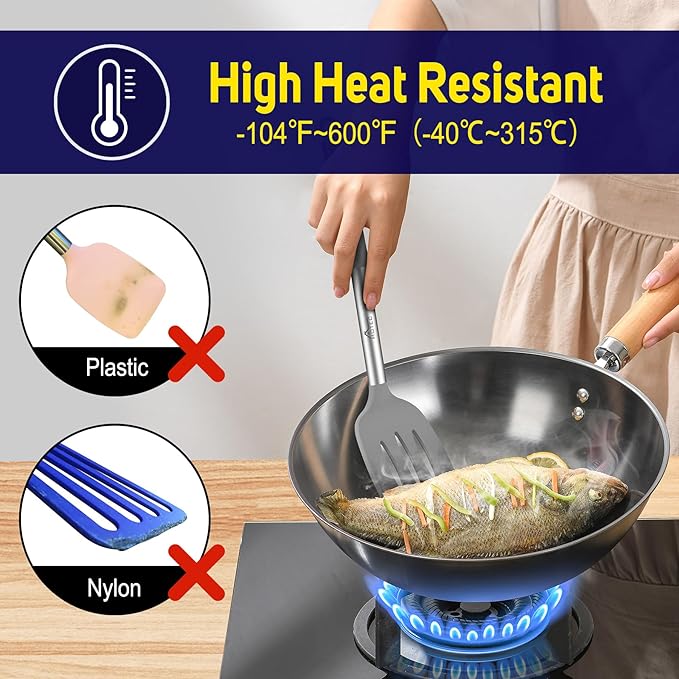 HOTEC Silicone Spatula Set of 2 Heat-Resistant 600째F & BPA-Free Kitchen SaptulaTurner with Stainless Steel Handles, Slotted & Solid Spatulas for Nonstick Cookware, 13.7 Inch, Grey