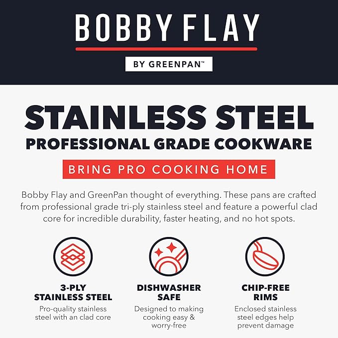 GreenPan x Bobby Flay Stainless Steel 10??& 12??Frying Pan Skillet Set, Induction Compatible, Durable, Dishwasher Safe, Oven & Broiler Safe 400째F, Tri Ply Clad Pans, Heat Responsive Core, 2-Piece Set