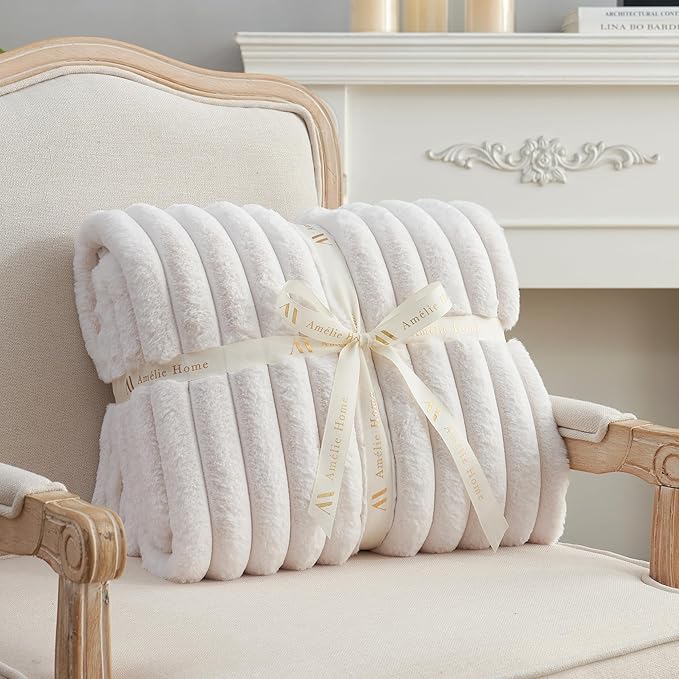 Am챕lie Home Faux Fur Throw Blanket for Couch, Cozy Fuzzy Fluffy Fur Luxurious Soft Striped Plush Gift Blankets for Family Sofa Chair, 60"x80", Ivory