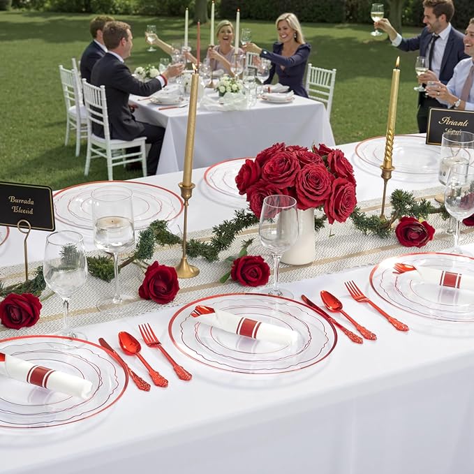 WDF 12 Inch Red Charger Plates - Charger Plates Bulk - 25Pack Plastic Clear and Red Charge Plate Perfect for Wedding/Party/Valentine's Day