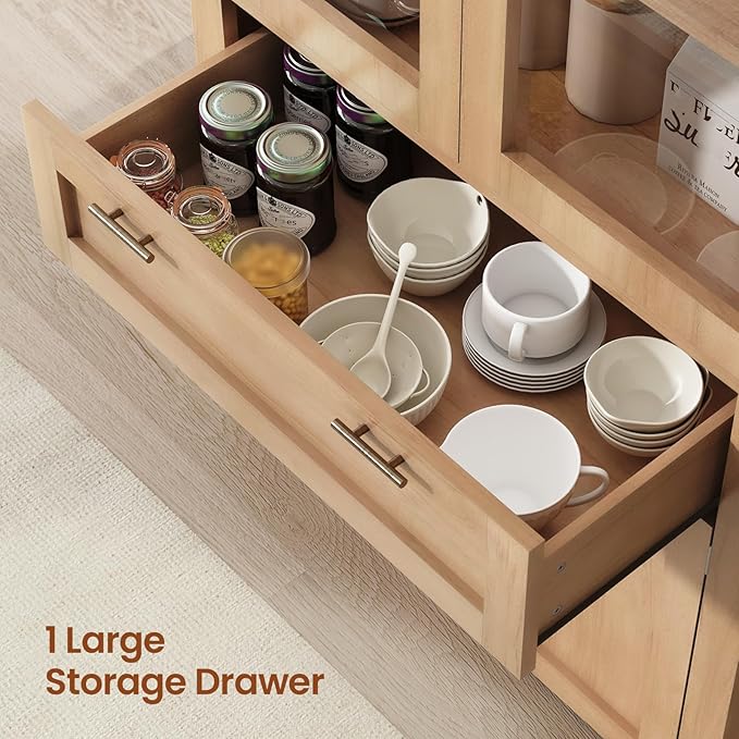 Itaar 71" Arched Kitchen Pantry Cabinet, Kitchen Storage Cabinets with 1 Large Drawer & Storage Cart 2 Tier & Door Shelves for Living Room, Dining Room, Natural