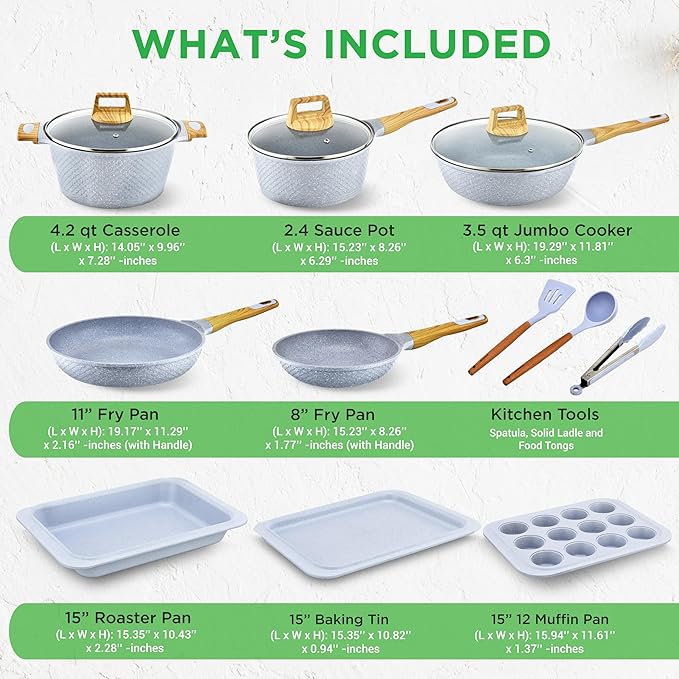 NutriChef 22?멠iece Non?멣tick Ceramic Pots and Pans Set ??For All Cooktops Including Induction ??PTFE & PFAS Free, Includes Bakeware & Utensils