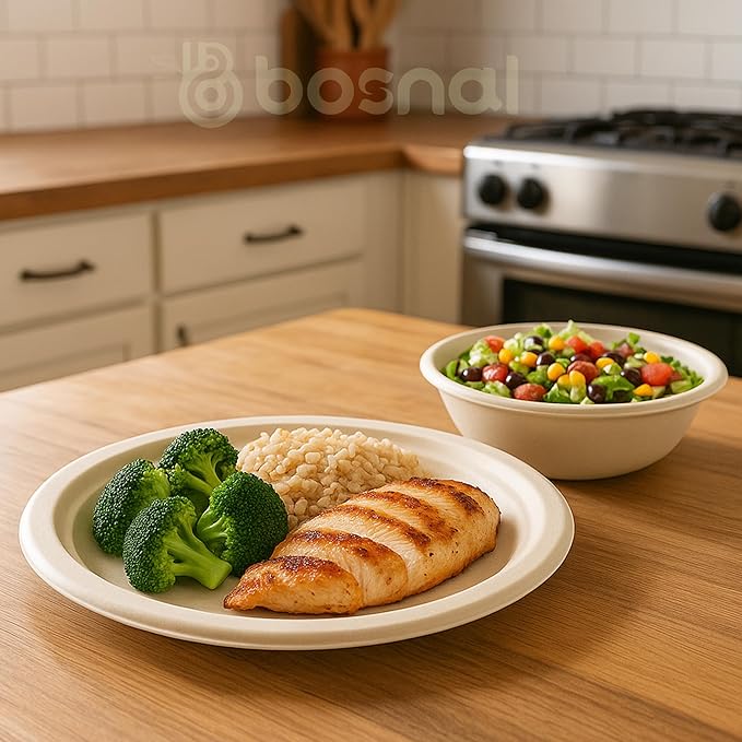 BOSNAL 10 Inch Round Plates with 32 oz Bowls ??25 Plates, 25 Bowls,100% Plant-Based Sugarcane Bagasse, Eco-Friendly Disposable Dinnerware for Hot & Cold Meals, Microwave Safe
