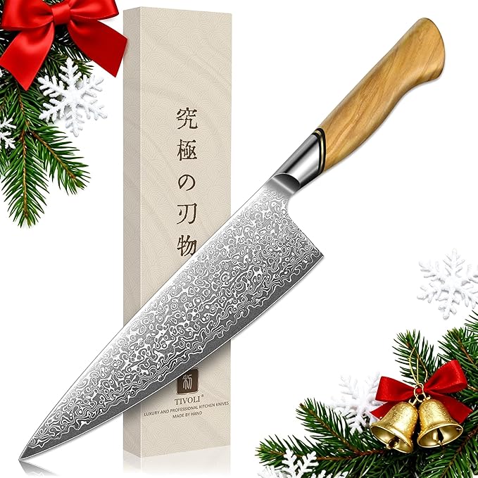 TIVOLI Damascus Chef Knife ??Japanese VG-10 Professional Kitchen Knife for Meat and Vegetables with Ergonomic Olive Wood Handle, Gift Box Included, Ideal Gift for Dad & Mom
