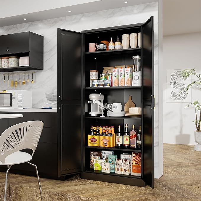71" Tall Kitchen Storage Cabinet with Gold Handles, Metal Pantry Cabinets with 2 Doors, Food Pantry, Adjustable Shelves, Black Freestanding Pantry Cupboard for Dining, Kitchen, Living Room