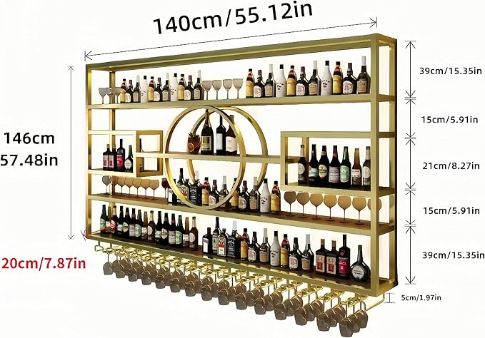55" Metal Wine Rack Wall Mounted, Multi Functional Bar Shelves for Liquor Bottles with Glass Holder, Modern Wood Bar Shelves Wall Mounted for Home Bar & Dining Room, Gold(57" Height)