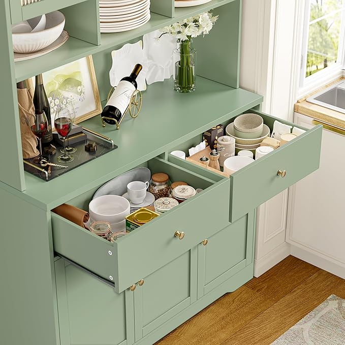 FINETONES 71" Pantry Cabinet, Tall Kitchen Pantry Storage Cabinet with Microwave Stand, Modern Kitchen Hutch Food Pantry with Open Countertop and Adjustable Shelf for Dining Room