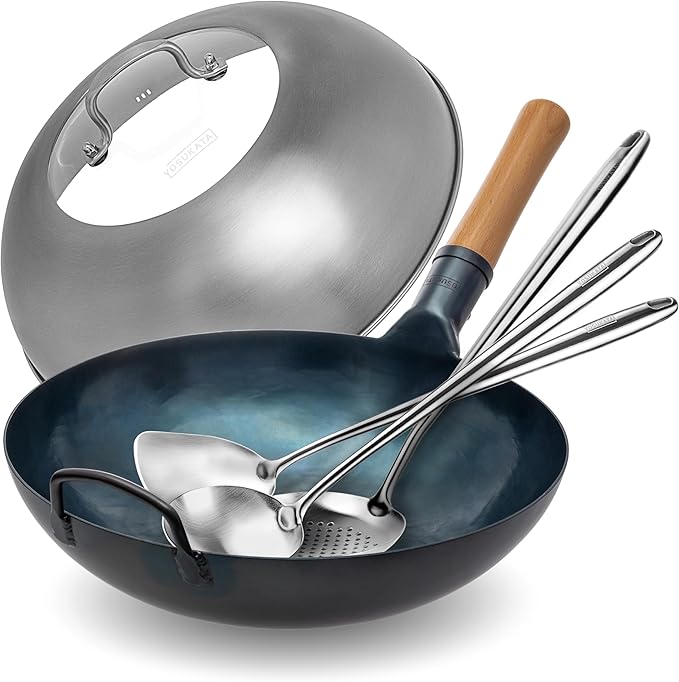 YOSUKATA Flat Bottom Wok Pan - 13.5" Blue Carbon Steel Wok + Wok Lid 12.8 Inch + 17" Spatula and Ladle Skimmer Spoon