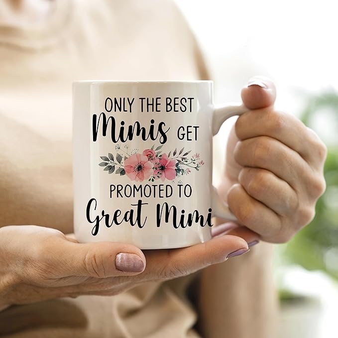 QASHWEY Mimi Coffee Mugs, Funny Pregnancy Announcement Gifts for Grandma, Great Grandma to Be, Double Side Printed Ceramic Mug Cup 11 Ounce