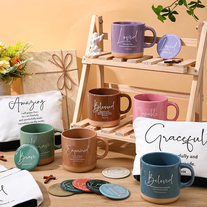 36 Pcs Inspirational Christian Gift for Women Bulk 13 oz Ceramics Bible Verse Coffee Mugs Religious Makeup Bags Compact Mirrors Church Gift for Mom Wife Godmother Teacher(Colorful)