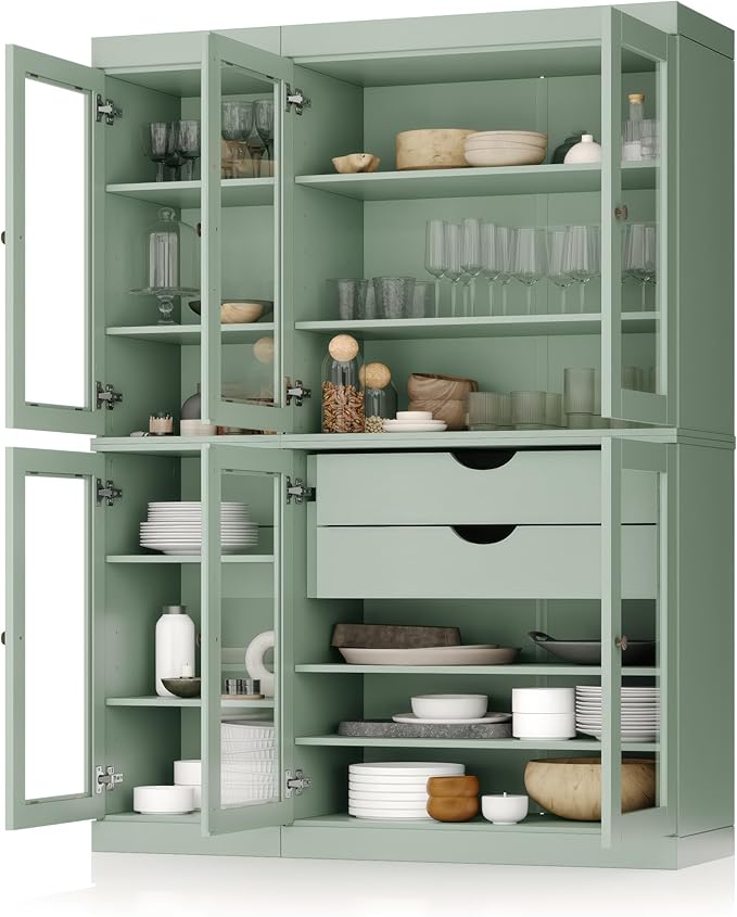 Palace Imports 100% Solid Wood 48.5" Pantry China Cabinet with Clear Glass Doors, 2-Drawers and Adjustable Shelves (Sage)