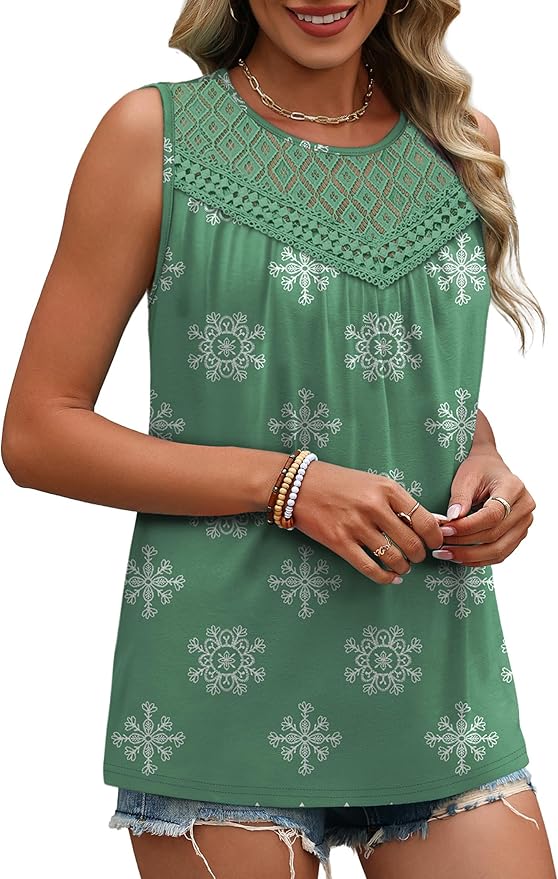 XIEERDUO Womens Tank Tops Sleeveless Lace Crochet Boho Tops Loose Fit Pleated Tunics Crewneck Summer Vacation Outfits Flowy