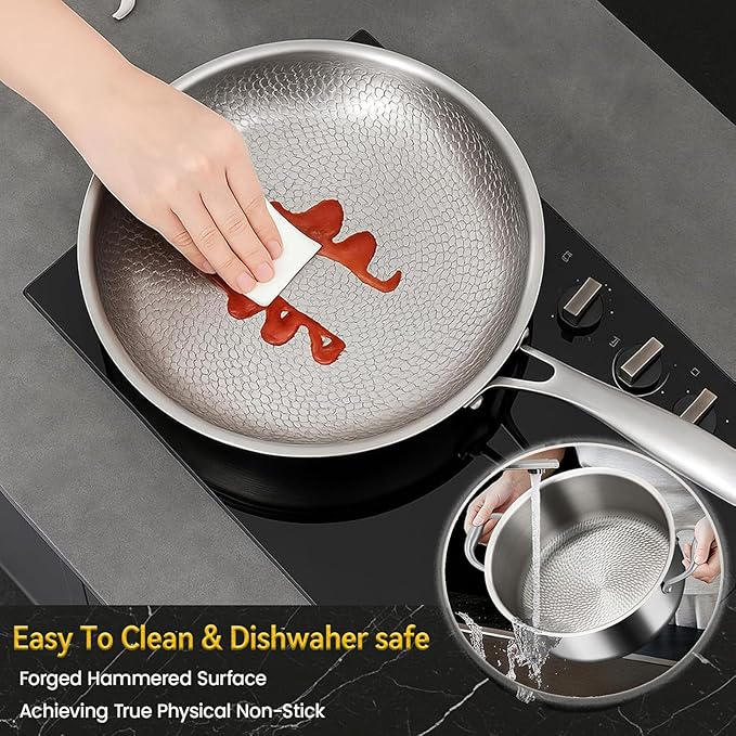 Titanium Hammered Pro Cookware 3 Piece Set, Pan & Soup Pot And Wok with Steamer, Nonstick No-Coat Technology, Ultra-Durable, Even Heating Frying Pans, Compatible with All Cooktops,3 piece set