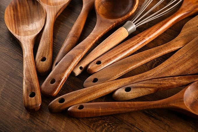 11Pcs Wooden Cooking Utensils Set, Teak Wooden Spoons for Cooking, Comfort Grip - Sturdy - Non Stick Wooden Spatulas for Stirring, Cooking, Kitchen Utensils Set with Stainless Holder