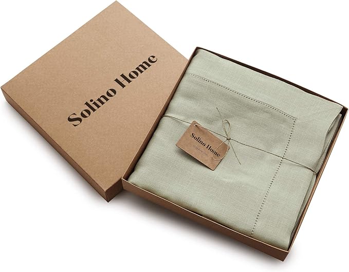 Solino Home Linen Sage Green Tablecloth 60 x 132 Inch - Classic Hemstitch, 100% Pure Linen Rectangular Tablecloth - Machine Washable Table Cloth for Winter, Spring, Easter, St Patricks Day