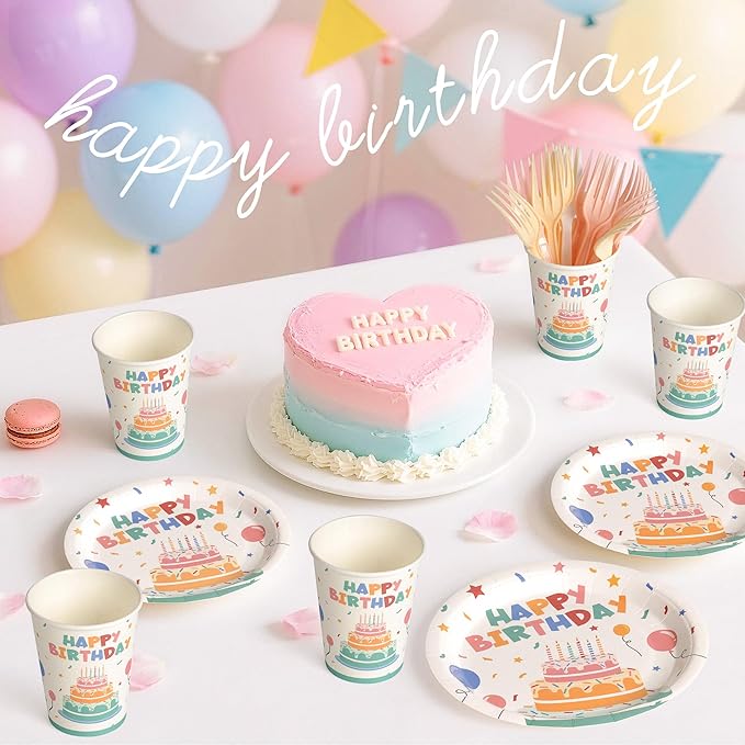 Childom 96 Pcs Birthday Party Supplies Set,Disposable Plates for Birthday Decorations,Paper Plates Cups Plastic Forks Dinnerware Sets for Parties,Party Tableware Set for Dinner,Outside,Picnic,Serve 24