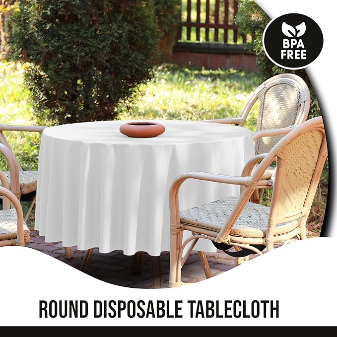 Party Solids 12-Pack White Round Plastic Tablecloth Disposable ??Size: 70 Inches ??Round Plastic Table Cloths for Parties, Picnics & Formal Events