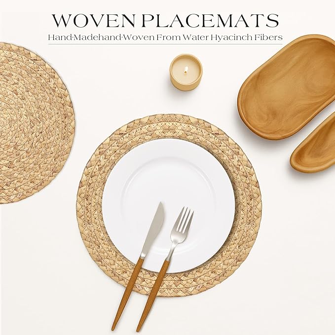 12??Woven Round Placemats Set of 4, Natural Water Hyacinth Braided Table Mats with 4 Wood Bead Napkin Rings, Washable Boho Farmhouse Rattan Place Mats for Home, Outdoor, Table Decor, Dinning, Wedding
