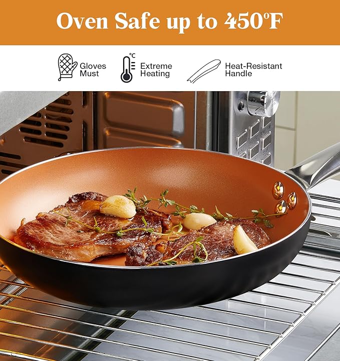 KOCH SYSTEME CS 10in Copper Nonstick Frying Pans with Lids and Titanium Ceramic Interior,100% PFOA-Free Saute Pan/Skillet for All Stove Tops,Stainless Handle,Omelet Pan Cookware