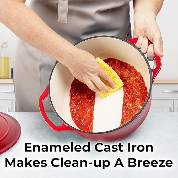 Zulay Kitchen 7.7 Quart Enameled Cast Iron Dutch Oven Pot with Lid ??Premium Durability & Oven Safe up to 500째F ??Heavy Duty Cookware Perfect for Bread Baking, Stews, Braising & Roasting ??Red