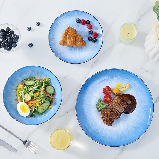 Bestone Porcelain Dinnerware Sets Service for 4, 12 pcs Hand drawn Plates and Bowls Sets, Handmade Ceramic Dish Set, Chip Resistant Modern Plate Set, Dishwasher/Microwave Safe竊똕tarburst blue