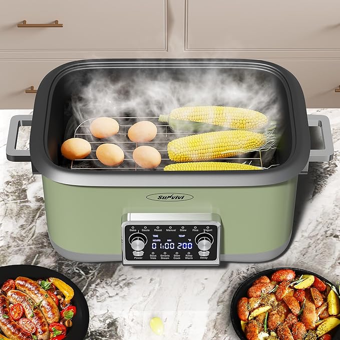 Sunvivi 8 Quart Slow Cooker Roaster Oven, 12 in 1 Programmable Multi-Cooker Food Warmer with Digital Timer, Temp Control, Removable Cast Aluminum Pot & Dishwasher-Safe Tempered Glass Lid, Green