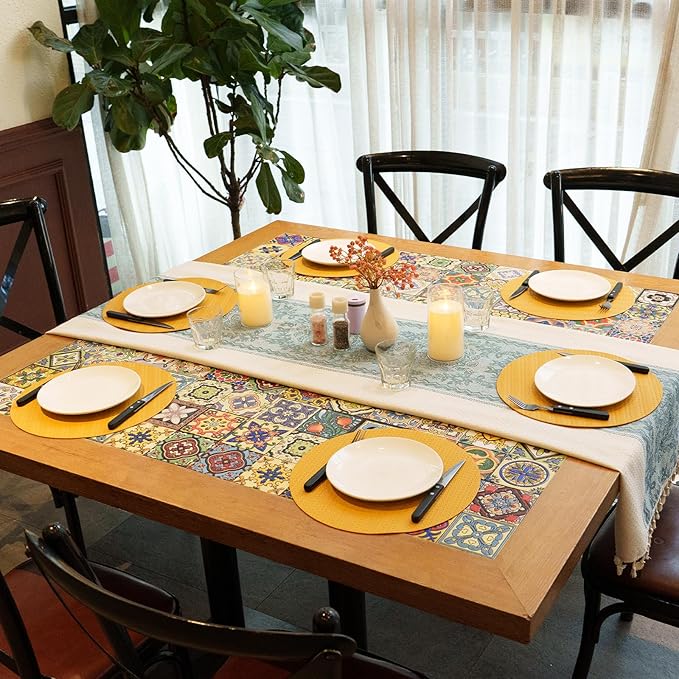 PROMATTOO Round Faux Leather Placemats Set of 4 ??13 Inch Vinyl Table Mats, Heat Resistant, Non Slip, Wipeable & Washable, Easy to Clean Dining Table Decor for Kitchen & Dining Room ??Golden Yellow