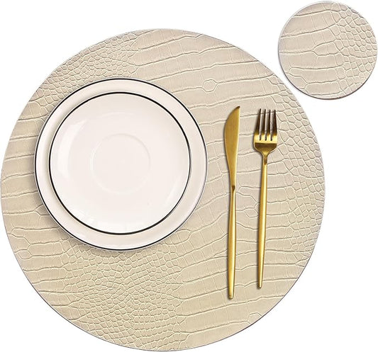 Jovono Round Leather Placemats for Round Tables Set of 6, Beige Place Mats and Coasters, Wipeable Waterproof Heat Resistant Table Mats Easy to Care for Indoor Decor 14 inch Diameter