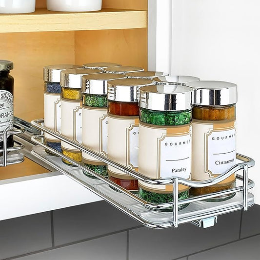 LYNK PROFESSIONAL짰 Pull Out Spice Rack Organizer for Inside Kitchen Cabinets - 4-3/8 inch Wide - Slide Out Drawer ??Chrome Sliding Spice Cabinet Organization Shelf Racks - 1 Tier