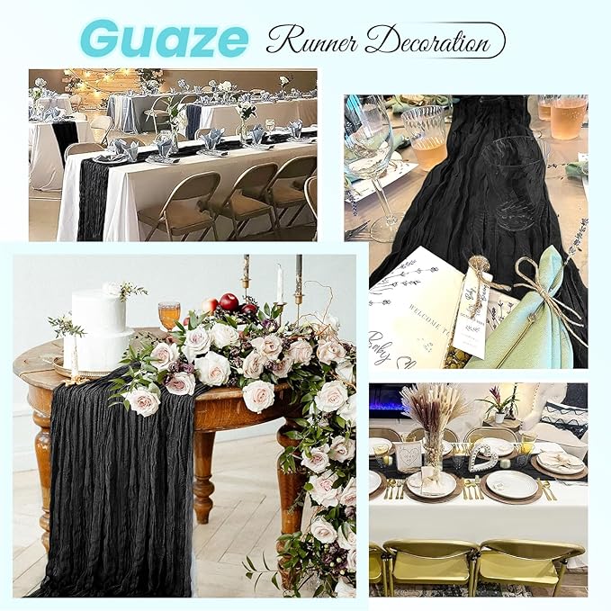 4 Pack Black Cheesecloth Table Runner 20 x 120 inch Gauze Table Runners 10 FT Long,Semi Sheer Boho Cheese Cloth Fabric Table Runner Bulk for Wedding,Party,Baby Shower,Bridal Shower Decoration